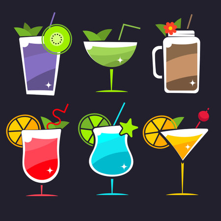 Set of fruit cocktail with fruits and berries, ice cubes and mint leaves in a glass. Summer refreshment, juicy cold drink. Vector illustartion, object, simbol, icon isolatedのイラスト素材