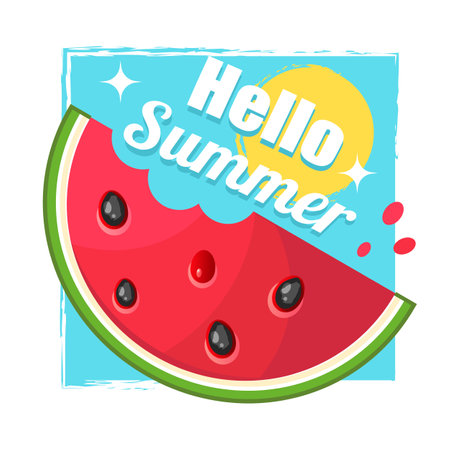 Summer scene, group of people, family and friends having fun around huge watermelon, surfing, sunbathing, drinking cold beverage, playing on the beach. Summer fun concept design.のイラスト素材