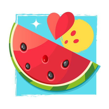 Summer scene, group of people, family and friends having fun around huge watermelon, surfing, sunbathing, drinking cold beverage, playing on the beach. Summer fun concept design.のイラスト素材