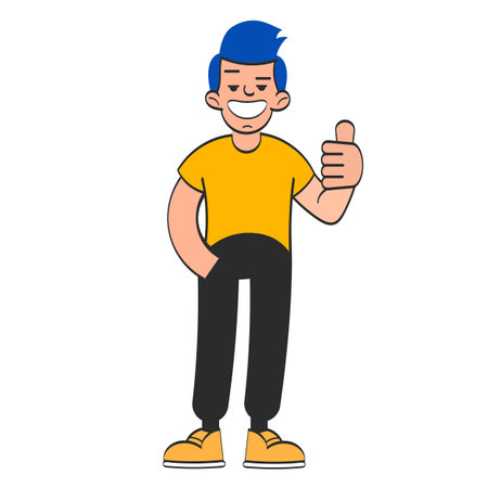 Frustrated man point with finger at empty advertising space. Confused unhappy guy recommend deal or offer feel awkward.のイラスト素材