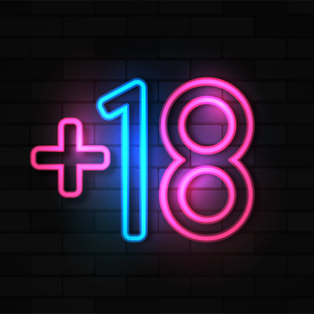 Neon realistic icon of 18+ vector illustration. Logo sign in neon outlines for advertising. Vector logo, banner, shield, figure 18+for night club and sex shopのイラスト素材