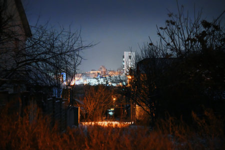 Purple-green color over cityの写真素材