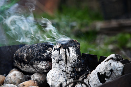 Flames and smoke rise from burning wood in a rustic outdoor fire pit as embers glow under the charred logsの写真素材