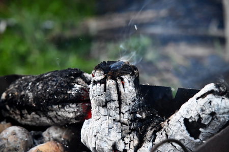 Flames and smoke rise from burning wood in a rustic outdoor fire pit as embers glow under the charred logsの写真素材