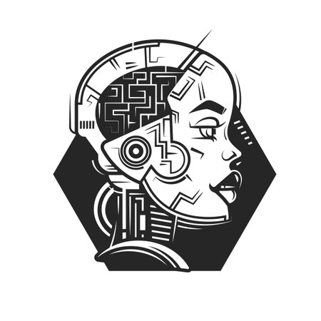 Artificial intelligence concept.Head of robot with half of female face Liner vector illustration.Future technology and machine.Electronic circuit connection.Smart cyber mind education.Black and whiteのイラスト素材