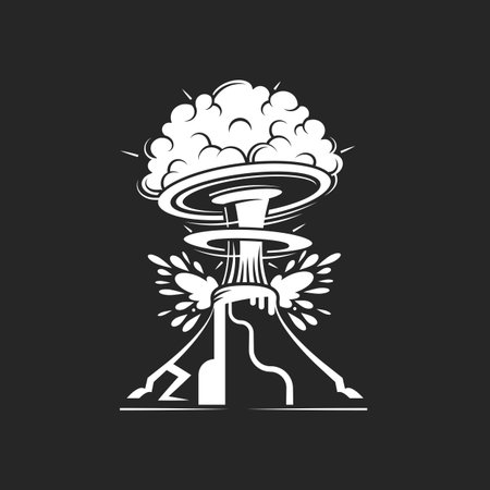 Erupting volcano with lava fountain ejecting from a crater isolated on white backgroundのイラスト素材