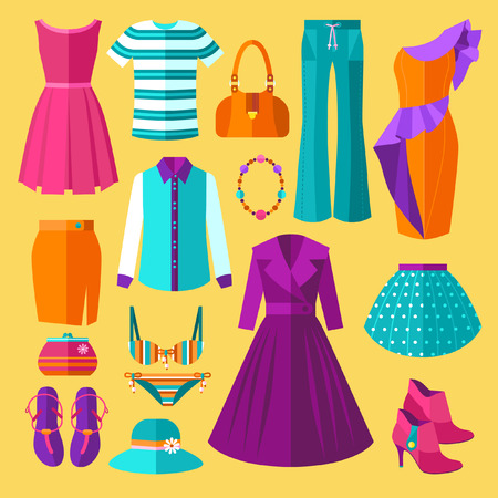 Vector Women Clothes Icons Flat Set With Dress and Accessoriesのイラスト素材