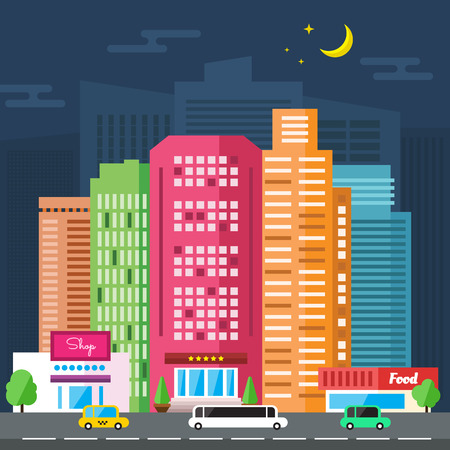 Vector Night City Street and Set of Urban Skyscrapersのイラスト素材