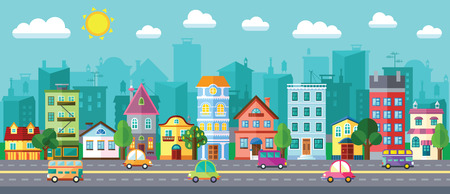 Vector City Street in a Flat Design and Set of Urban Buildingsのイラスト素材