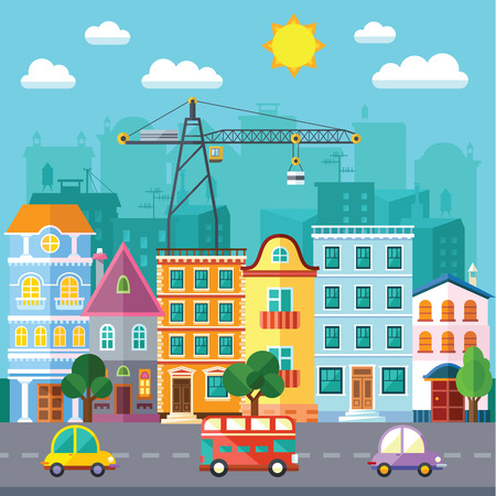 Vector City Street in a Flat Design and Set of Urban Buildings.のイラスト素材