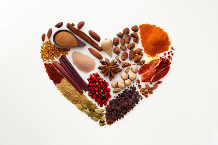 Mixture of different seeds spices lie in shape of heart on white background. view from above. Generative AI.の素材