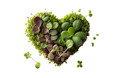 Sprouted radish seeds microgreens in form of heart. earth day. Seed Germination at home. view from above. Space for text. Concept Vegan and healthy. Growing sprouts. Generative AI.の素材