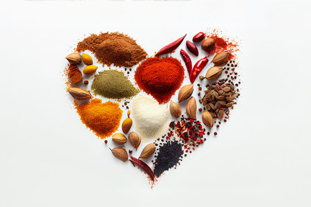 Mixture of different seeds spices seasoning lie in shape of heart on white background. view from above. Generative AI.の素材