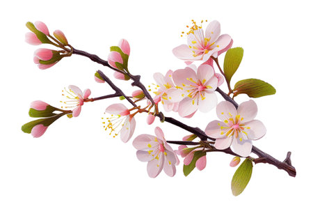 Pink spring cherry blossom. Cherry tree branch with spring pink flowers isolated on white. transparent png. Generative AI.の素材