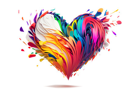 Colored drops paint splatter in form of heart shape abstract on white background. transparent png. Generative AI.の素材