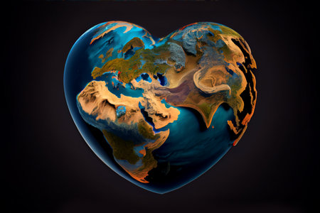 Planet Earth in the shape of the heart on dark background. earth day theme. Elements of this image furnished. generative ai.の素材