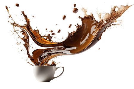 Splashing coffee drink flying beans, isolated on white background. transparent png. Generative AI.の素材