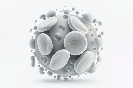 White blood test cell leukocytes on white background. Cientific and medical concept. 3d rendering. Generative AI.の素材