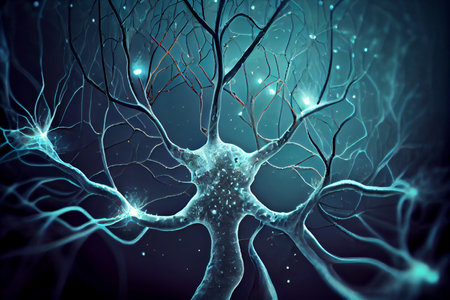 Neuron cells close up 3d render. Synapses and axones transmitting electrical signals. Generative AI.の素材