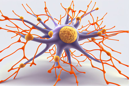 Human Nervous System. Neuron cells close up 3d render on white background. Synapses and axones transmitting electrical signals. Generative AI.の素材
