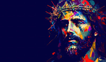 Colorful Abstract portrait Jesus Impasto painting art. Banner Christ in a crown of thorns pop art poster easter holiday and good friday copy space. Generative AI.の素材