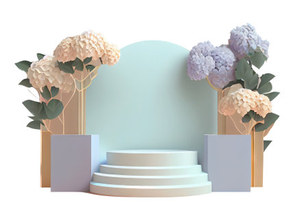 A front view of blue mockup podium 3D decorated with hydrangea flower isolated background transparent png. Generative AI.の素材