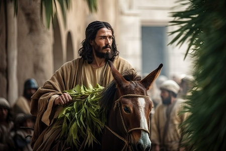 Biblical account of Jesus Christ riding a donkey while many people surrounded him. This event is commonly known as Triumphal Entry in Jerusalem or Palm Sunday easter and is recorded in the Gospels. Generative AI.の素材