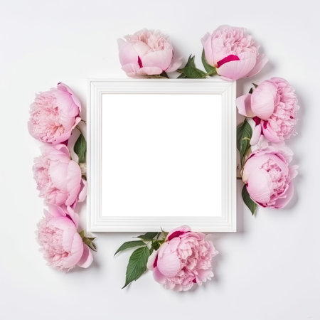 White wooden frame decorated with coral peonies flowers, empty space for text. Generative AI.の素材