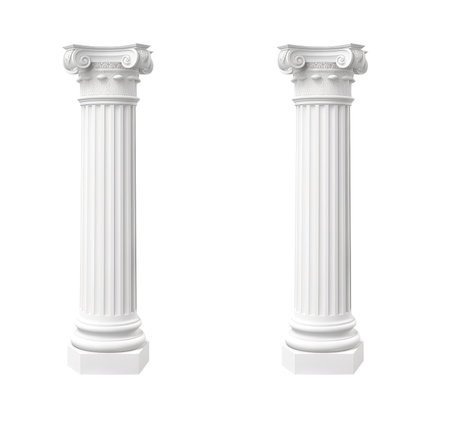 Architectural white columns Ionic order 3D isolated on transparent png background. Generative AI.の素材