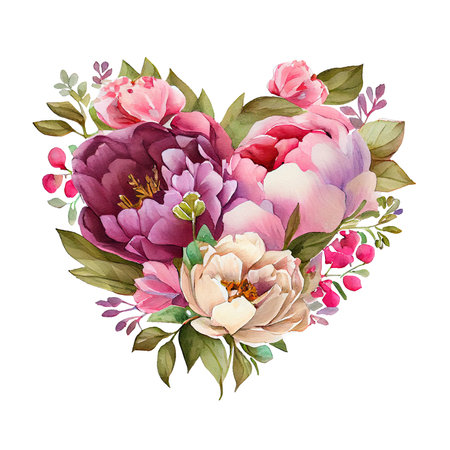 Wedding Heart made of watercolor colorful love purple pink peonies floral. Valentine's Day card isolated Transparent png background top view. Generative AI.の素材
