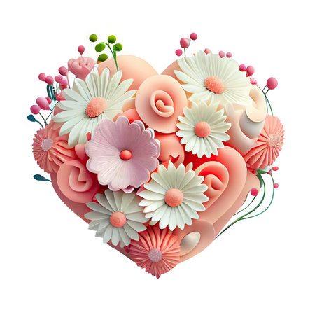 Pink cute valentine heart love of wedding flowers. 3d render mother's day top view isolated Transparent background png. Generative AI.の素材