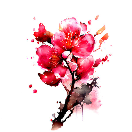 Red spring Watercolor cherry blossom. Sakura tree branch with spring flowers isolated transparent png. Generative AI.の素材