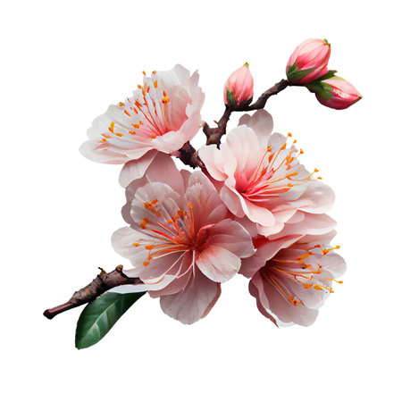 Pink spring cherry blossom. Sakura tree branch with spring flowers isolated transparent png. Generative AI.の素材