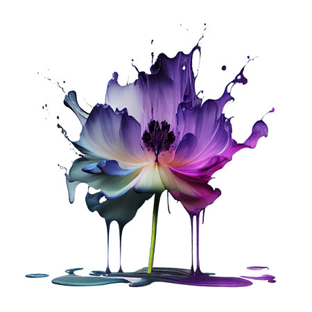 Abstract paint splatter flower and paint splash closeup isolated Transparent background png. Generative AI.の素材