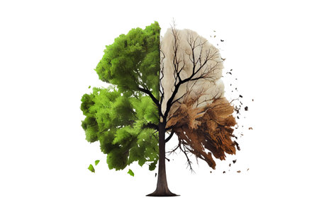 Concept of climate has changed. Half alive and half dead tree isolated transparent png background. Generative AI. Save the environment.の素材