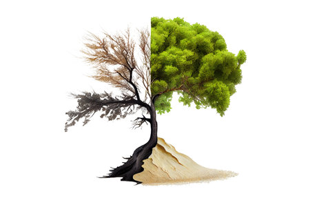 Concept of climate has changed. Half alive and half dead tree isolated transparent png background. Generative AI. Save the environment.の素材