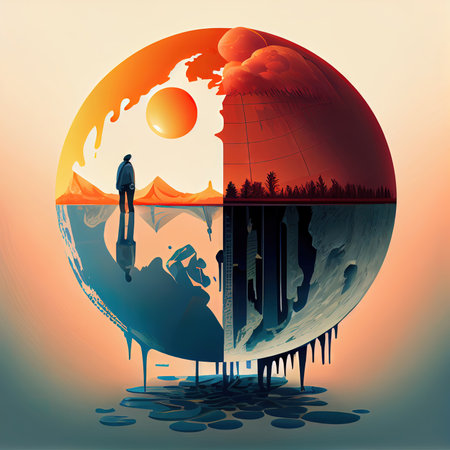 Climate change concerns, 3d icon Global warming, cute Graphic illustration of floating earth melting. Generative AI.の素材