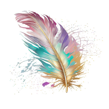 Hand drawn pastel gradient watercolor feather boho isolated transparent png background. Generative AI.の素材