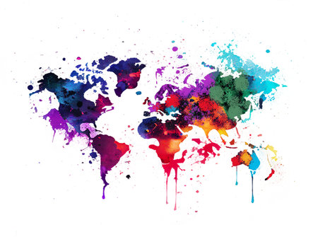 World map in watercolor painting abstract splatters. Isolated transparent png. Generative AI.の素材