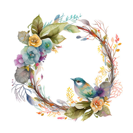 wreath of flowers bird painted in watercolor beautiful and charming piece of art with place for text. Delicate brushstrokes and vivid colors isolated transparent png. Generative AI.の素材