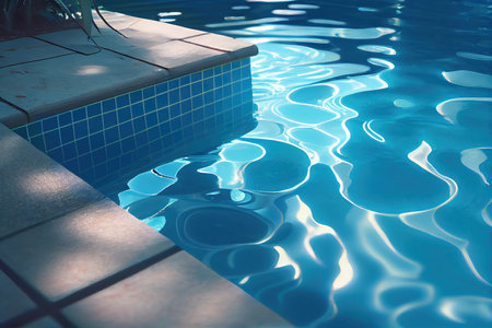 Swimming pool background transparent blue colored clear calm water surface texture with splashes and bubbles. Water waves in sunlight with copy space. Generative AI.の素材