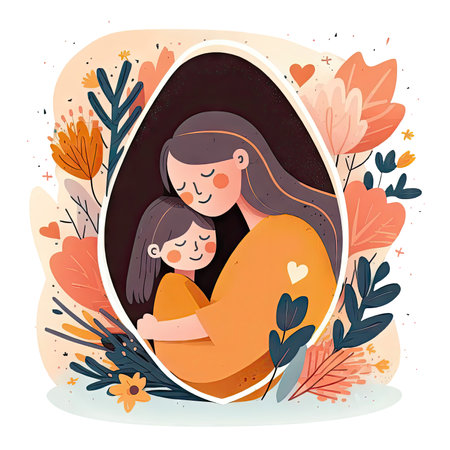 Little girl hug her mother with love. Mom and daughter love as family greeting card. Mothers day concept media isolated transparent png. Generative AI.の素材