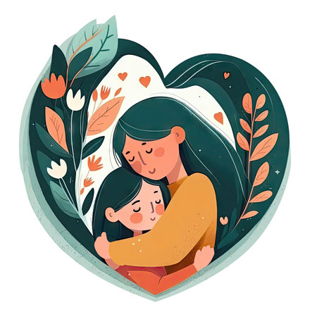 Little girl hug her mother with love in heart frame. Mom and daughter love as family greeting card. Mothers day concept media isolated transparent png. Generative AI.の素材