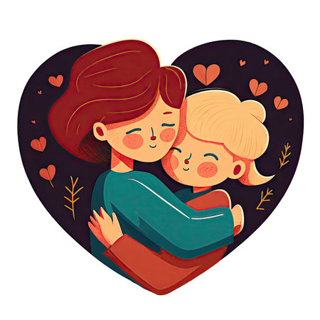 Little girl hug her mother with love in heart frame. Mom and daughter love as family greeting card. Mothers day concept media isolated transparent png. Generative AI.の素材