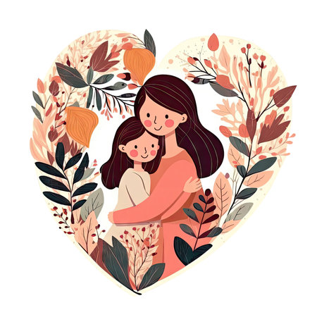 Little girl hug her mother with love in heart frame. Mom and daughter love as family greeting card. Mothers day concept media isolated transparent png. Generative AI.の素材