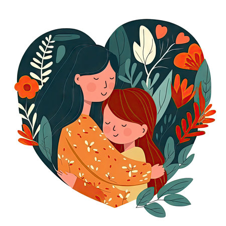 Little girl hug her mother with love in heart frame. Mom and daughter love as family greeting card. Mothers day concept media isolated transparent png. Generative AI.の素材
