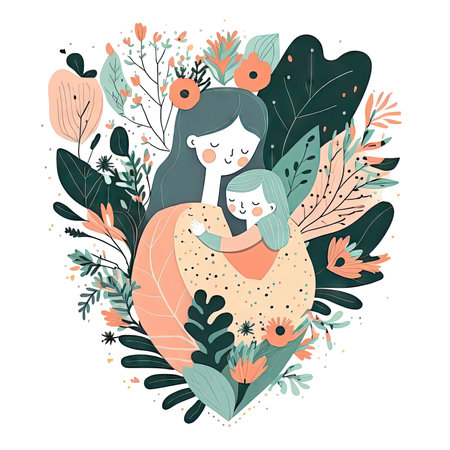 Little girl hug her mother with love in heart frame. Mom and daughter love as family greeting card. Mothers day concept media isolated transparent png. Generative AI.の素材
