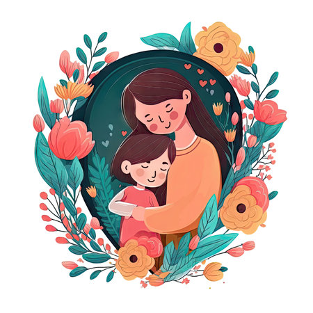 Little girl hug her mother with love. Mom and daughter love as family greeting card. Mothers day concept media isolated transparent png. Generative AI.の素材