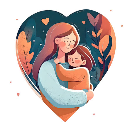 Little girl hug her mother with love in heart frame. Mom and daughter love as family greeting card. Mothers day concept media isolated transparent png. Generative AI.の素材