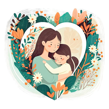 Little girl hug her mother with love in heart frame. Mom and daughter love as family greeting card. Mothers day concept media isolated transparent png. Generative AI.の素材